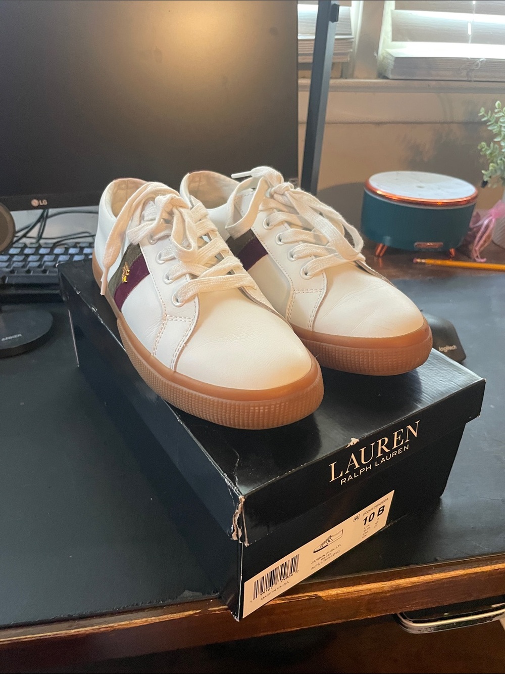 Ralph Lauren White Sneakers with Burgundy Stripe and Gum Sole